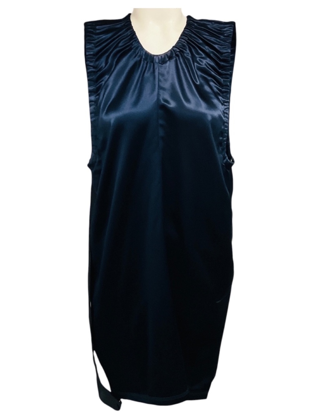CELINE NAVY BLUE RUCHED SLEEVELESS SATIN MINI DRESS WITH STRAP